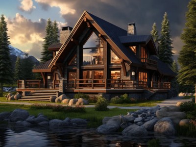 3 D Rendering Of A Modern Log Cabin