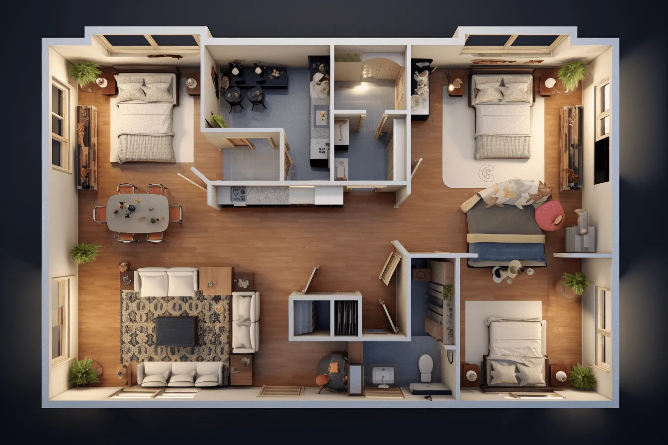 3d building plan with bedrooms on the right side, light orange and dark indigo, hyper-realistic atmospheres, chicago imagists, realistic lighting, bentwood, high-angle, light maroon and light indigo