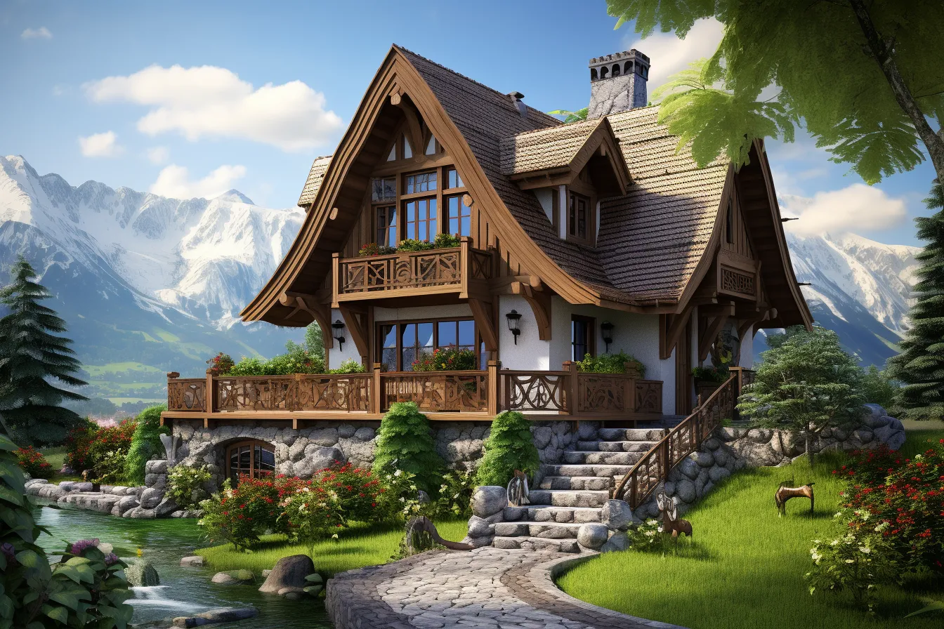 3d house was made with an old log cabin and a river, cartoonish character design, realistic and hyper-detailed renderings, 32k uhd, suburban ennui capturer, renaissance-style, realistic rendering, eye-catching