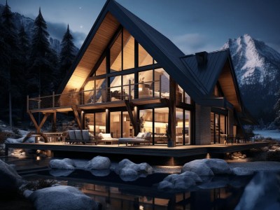 3D Houses Design, Mountain House With Deck, Mountains And Water,