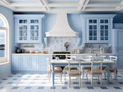 3D Illustration Of A Kitchen With Blue And White Checkered Flooring