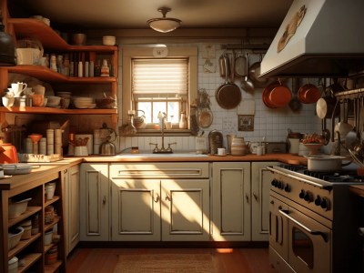 3D Image Of An Old Wooden Kitchen With Lots Of Pots