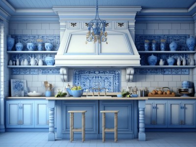 3D Kitchen Decoration In Blue With White Furniture