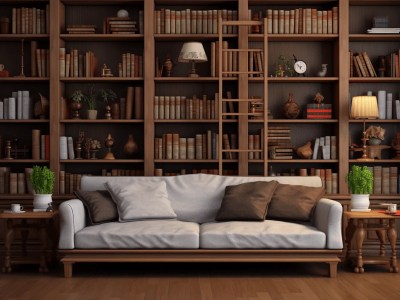 3D Model Of Bookcase With Sofa, Lamp And Books 3D Illustration