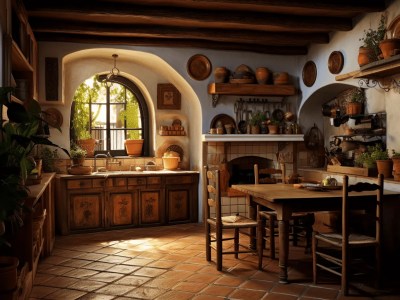 3D Model Of Old Mediterranean Kitchen With Pottery And Wooden Table