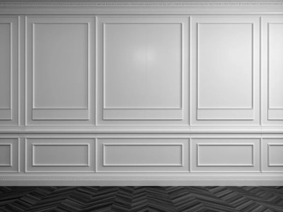 3D Render Of An Interior Room With White Panels And Black Herringbone Floor