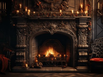 3D Render Of An Ornate Fireplace And Candle Fire