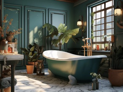 3D Rendered Bathtub With Green Walls And Black Windows