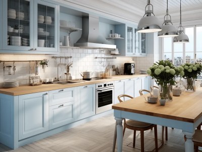 3D Rendering Of A Kitchen With Light Blue Cabinets And An Island Bench