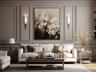 3D Rendering Of A Living Room With White Furniture And An Art Print In The Background