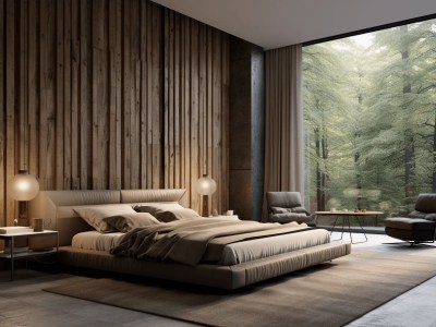 3D Rendering Of A Modern Bedroom With Wood Walls As Background