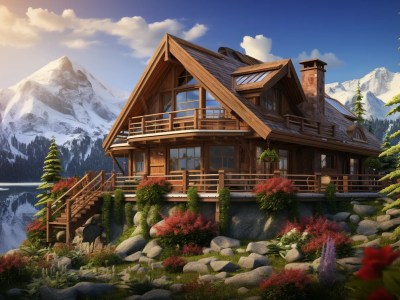 3D Rendering Of A Mountain Top Wooden Home