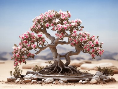 3D Rendering Of A Pink Blooming Bonsai Tree In The Desert