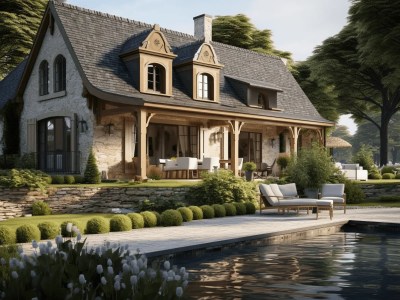 3D Rendering Of An Old House Near A Lake