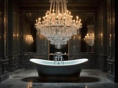 3D Rendering Of Elegant Bathtub Filled By A Chandelier In An Elegant Bathroom