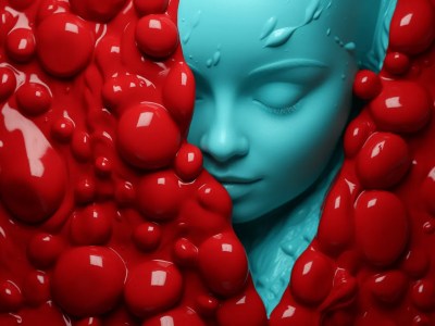 Acrylic Sculpture Of A Female With A Head Made Of Blue And Red Liquid