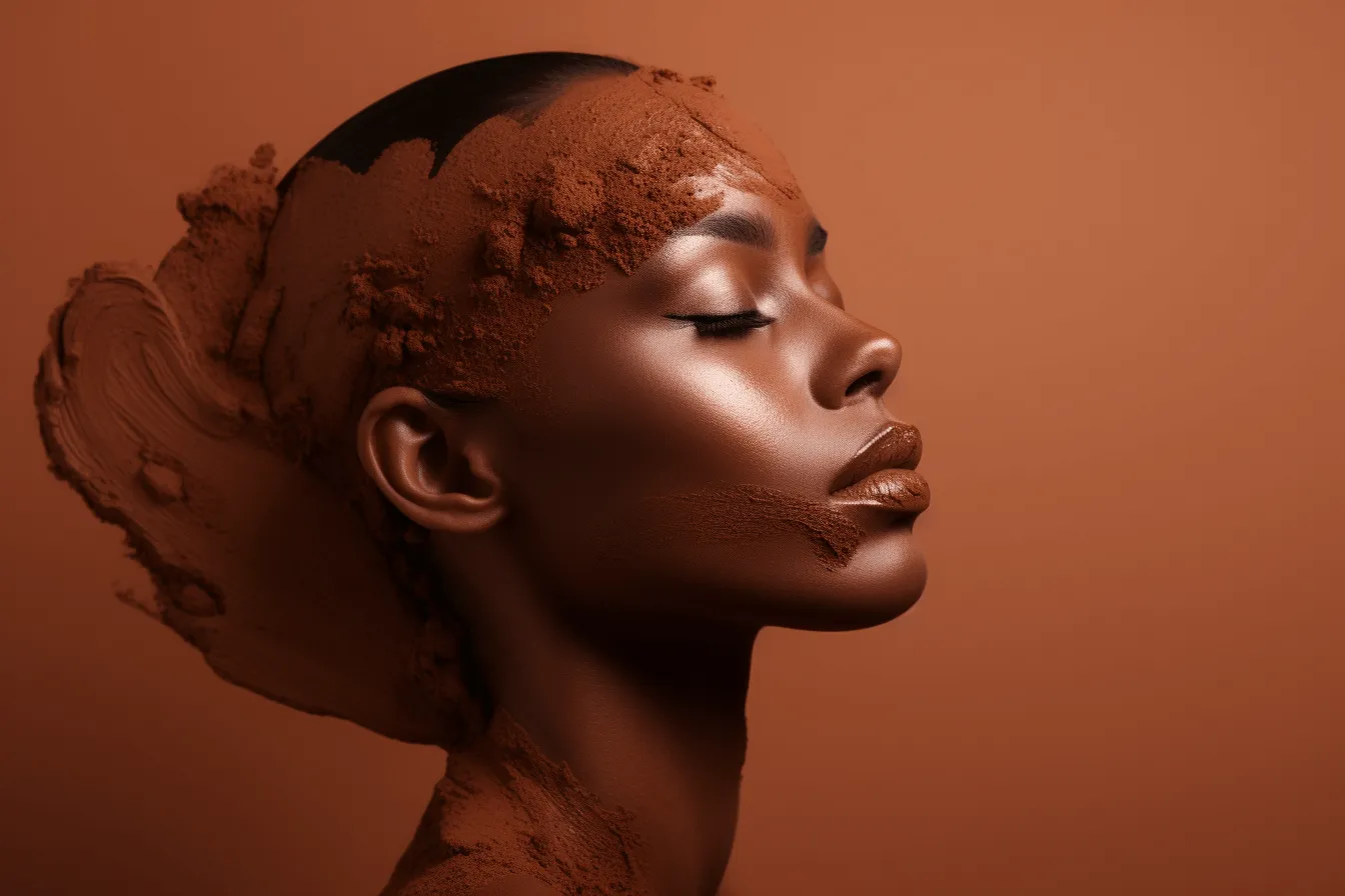 Womans face is covered with mud, dark orange and light bronze, simplicity, monochromatic color palettes, afro-caribbean influence, daz3d, contemporary candy-coated, softbox lighting, bold yet graceful