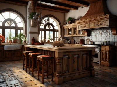 Antique Style Kitchen With Wooden Cabinets And Large Windows