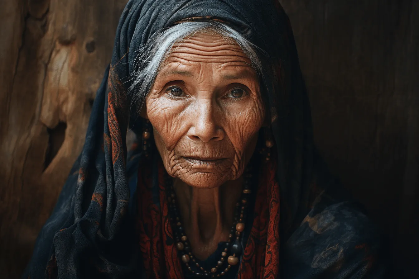 Ancient woman in the old village, powerful portraits, 8k, sumatraism, 8k resolution, national geographic photo, close up