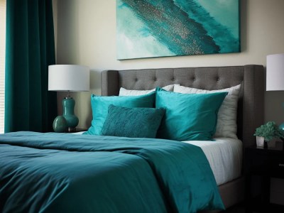 Aqua Bedroom With Teal Bedding And Nightstand Lamps