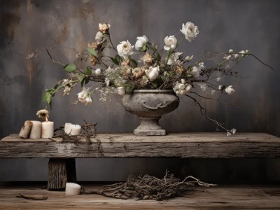 Arrangement Of Flowers And Candles In An Old Wooden Vase Set On A Wooden Table