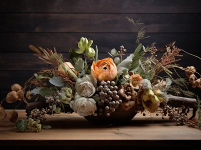 Arrangement Of Flowers In A Bowl On A Wooden Table