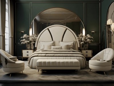 Art Deco Bedroom Is Seen With A Large Bed