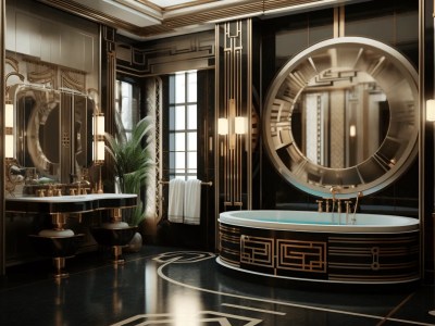 Art Deco Style Bathroom With Black And Gold Furniture