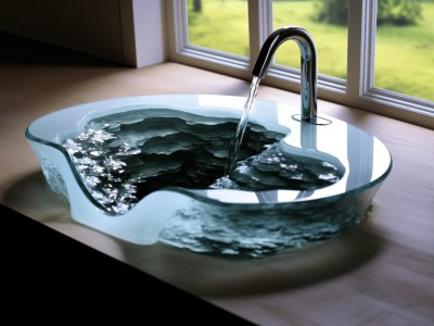 Art Glass Sink Sitting In Front Of A Window