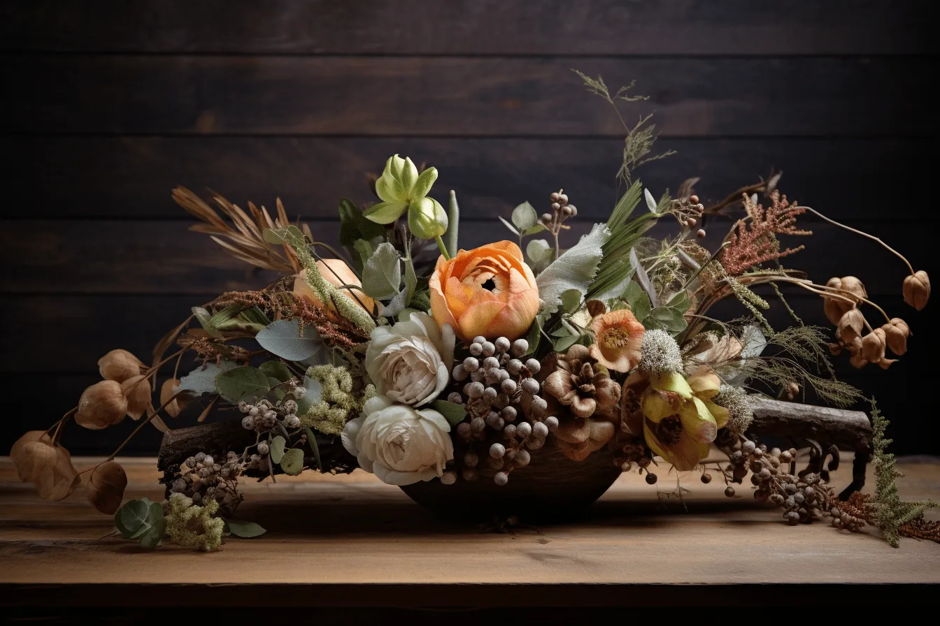 Arrangement of flowers in a bowl on a wooden table, use of earth tones, handcrafted designs, 32k uhd, american tonalism, symmetrical arrangements, festive atmosphere, sculptural arrangements