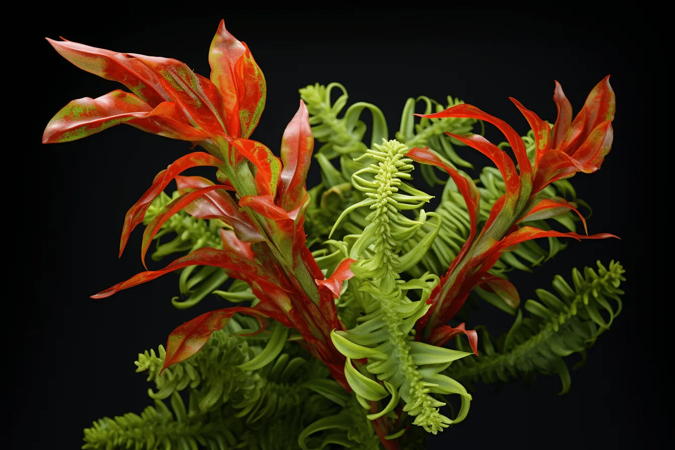 Three ferns in a vase on a dark background, photorealistic fantasies, red and green, close up, intertwining materials, sculpted, brightly colored, realistic