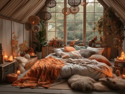 Autumn And Fall Bedroom With A Bed, Cushions And Lights