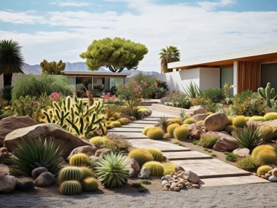 Backyard Of A Desert House With Rocks And Cactus'S