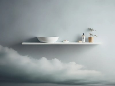 Bathroom Shelf With A Bowl On It Overlooking Clouds