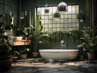 Bathroom With A Bathtub And Green Plants