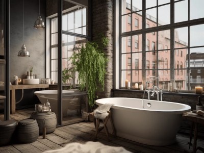 Bathroom With A Bathtub, Window, And Potted Plants