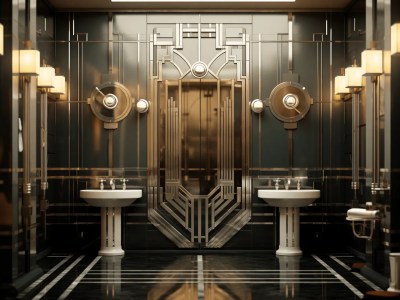 Bathroom With Art Deco Style Fixtures And Gold Lighting