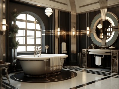 Bathroom With Black And White Walls, Fixtures And Large Round Mirror