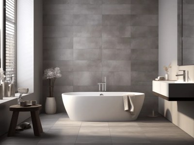 Bathroom With Gray Tiled Walls And Grey Wooden Furniture