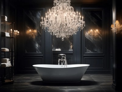 Bathroom With Large Bathtub And Elaborate Chandelier