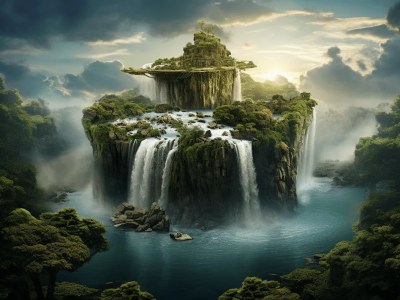 Beautiful Fantasy Landscape With A Waterfall And Clouds