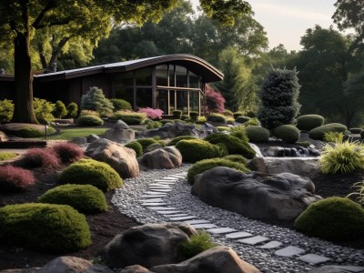 Beautiful Garden With Landscaping, Stone Path And Shrubs