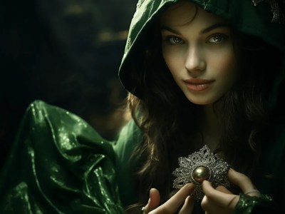 Beautiful Girl Sitting In Green Hood, Holding Magical Necklace