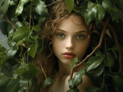 Beautiful Girl Surrounded By Green Ivy With Blue Eyes. 3D & Svg File Available