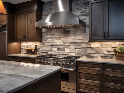 Beautiful Kitchen With Stone And Wooden Cabinets