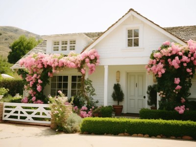 Beautiful White Cottage With Pink Flowers Outside