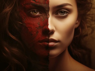 Beautiful Woman Painted In Red Face On Brown Background