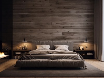 Bed And Fireplace At Bedroom With Wood Wall