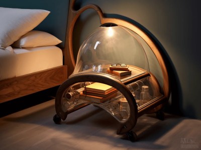 Bed Has A Wooden Bed Stand With A Transparent Glass Dome On The Side Of It