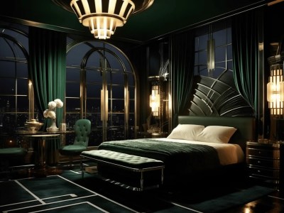 Bed Room With Green Walls And A Chandelier